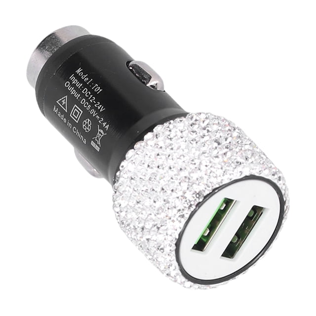 Bling USB Charging Car Adapter, Rhinestone Decoration Sparkling Stylish USB Adapter Car Decoration Car Interior Accessory For Mobile Phone For All Cars White