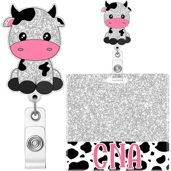 Cute Cow Design Nurse Badge Reel Buddy - Retractable ID Clip Holder Set for Hospital Work, Name Tag & Lanyard Accessories