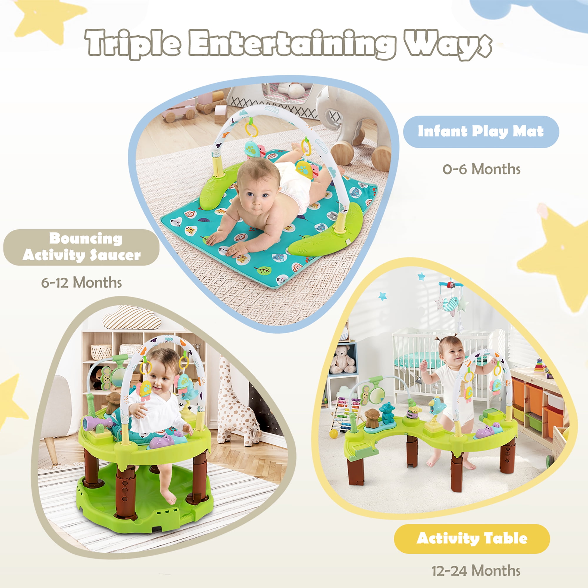 Costway 3-in-1 Baby Activity Center Toddler Bouncing Saucer with 3-Position Green