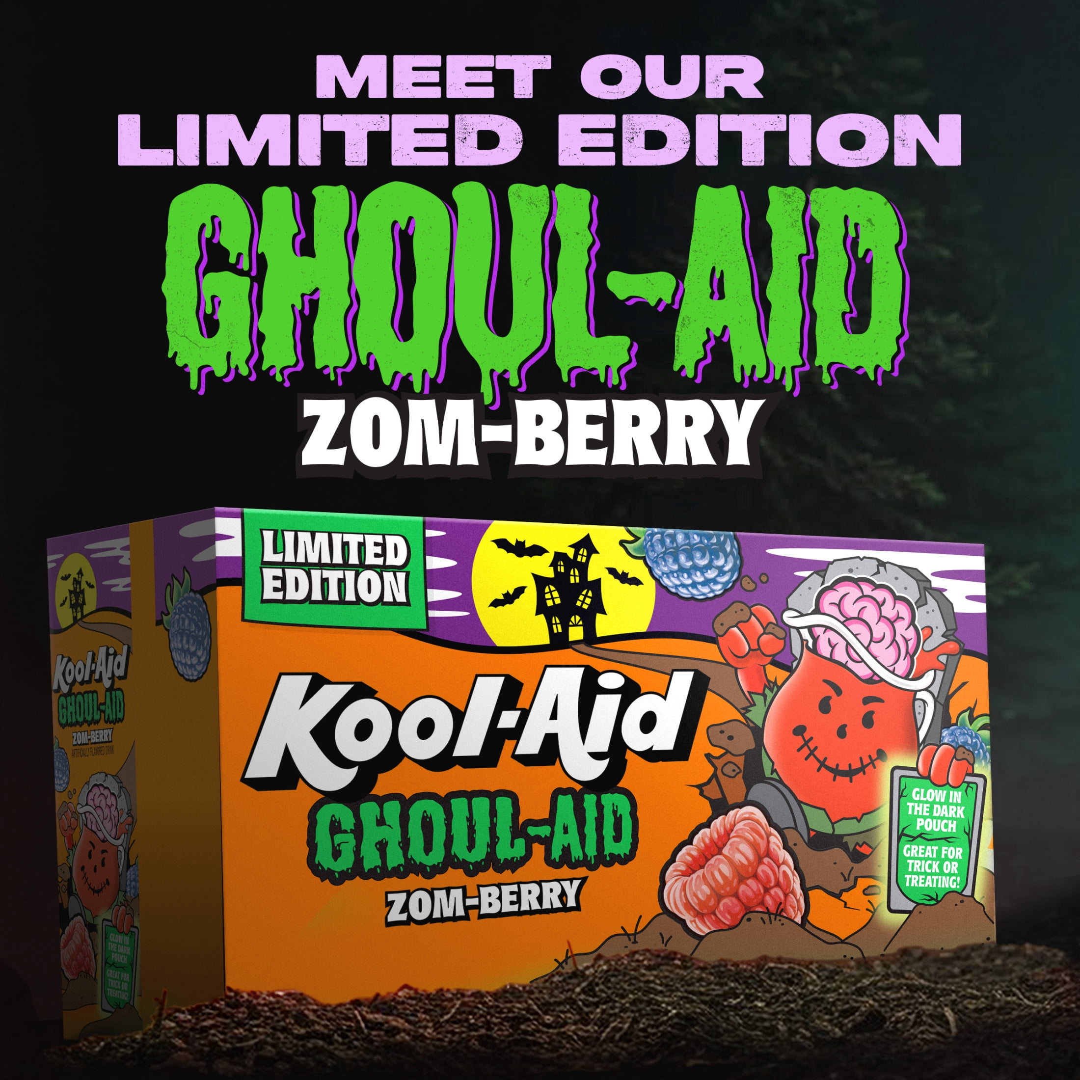 Kool-Aid Ghoul-Aid Artificially Flavored Drink, 10 Pouches, for School Lunches and On-the-Go Hydration, Zom-Berry Flavor, Excellent Source of Vitamin C, 6 fl oz