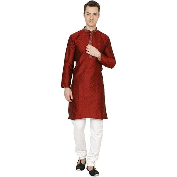 Royal Kurta Mens Jacquard Silk Floral Print Fancy Kurta Churidar Maroon