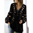 thumbnail image 2 of Blusa de mujer con estampado vintage de estrellas y lunas, cuello en V, manga larga, puños elásticos, ropa de calle, primavera y otoño, camiseta holgada de terciopelo, 2 of 4
