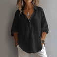 thumbnail image 2 of hoksml Women's Cotton Linen V Neck Blouse, Roll-Up Sleeve Henley Casual Shirt, Loose Fit Top for Daily and Office Wear, 2 of 9