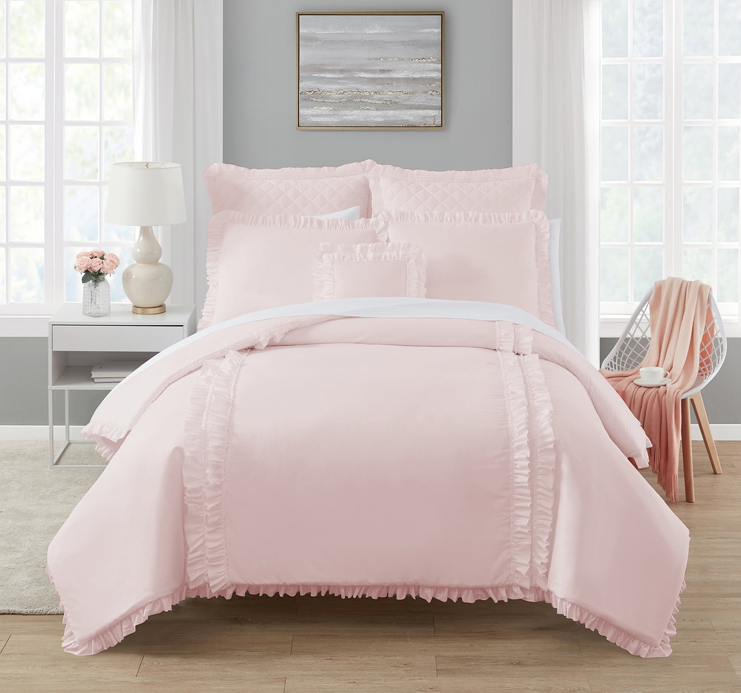 Simply Shabby Chic Pink Ruffle 4-Piece Soft Washed Microfiber Comforter Set, Full/Queen