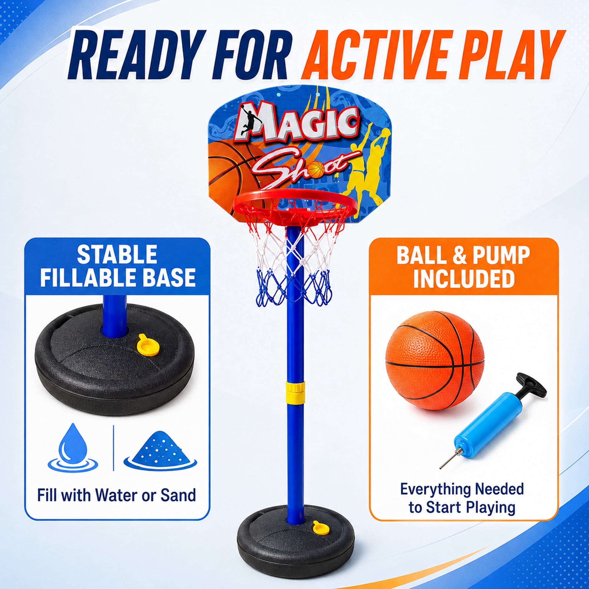 Blue Block Factory Adjustable Toddler Basketball Hoop, 33–50 in Indoor Outdoor Kids Basketball Set with Ball, Pump and Fillable Base, Ages 3+