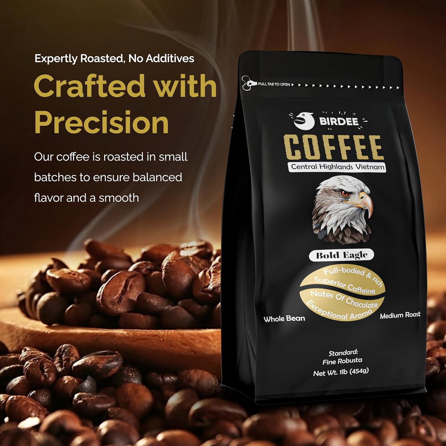 Birdee Vietnamese Coffee – 1 LB, Medium Roast Whole Bean, 100% Robusta, Hand-Picked, Resealable Bag, Smooth Flavor, Low Acid, High Caffeine