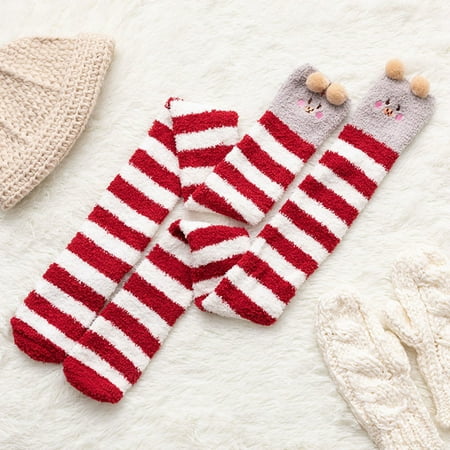 

Womwn Coral Socks Over The Knee Thicken Warm Sleeping Towel Striped Socks