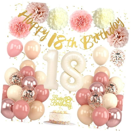 SKYSONIC 40th Birthday Decorations for Women Retro Birthday Balloons, Happy 40th Banner, Cake Topper, Pom Pom, Rose Number 40 Balloon for Her 40th Birthday Party Supplies