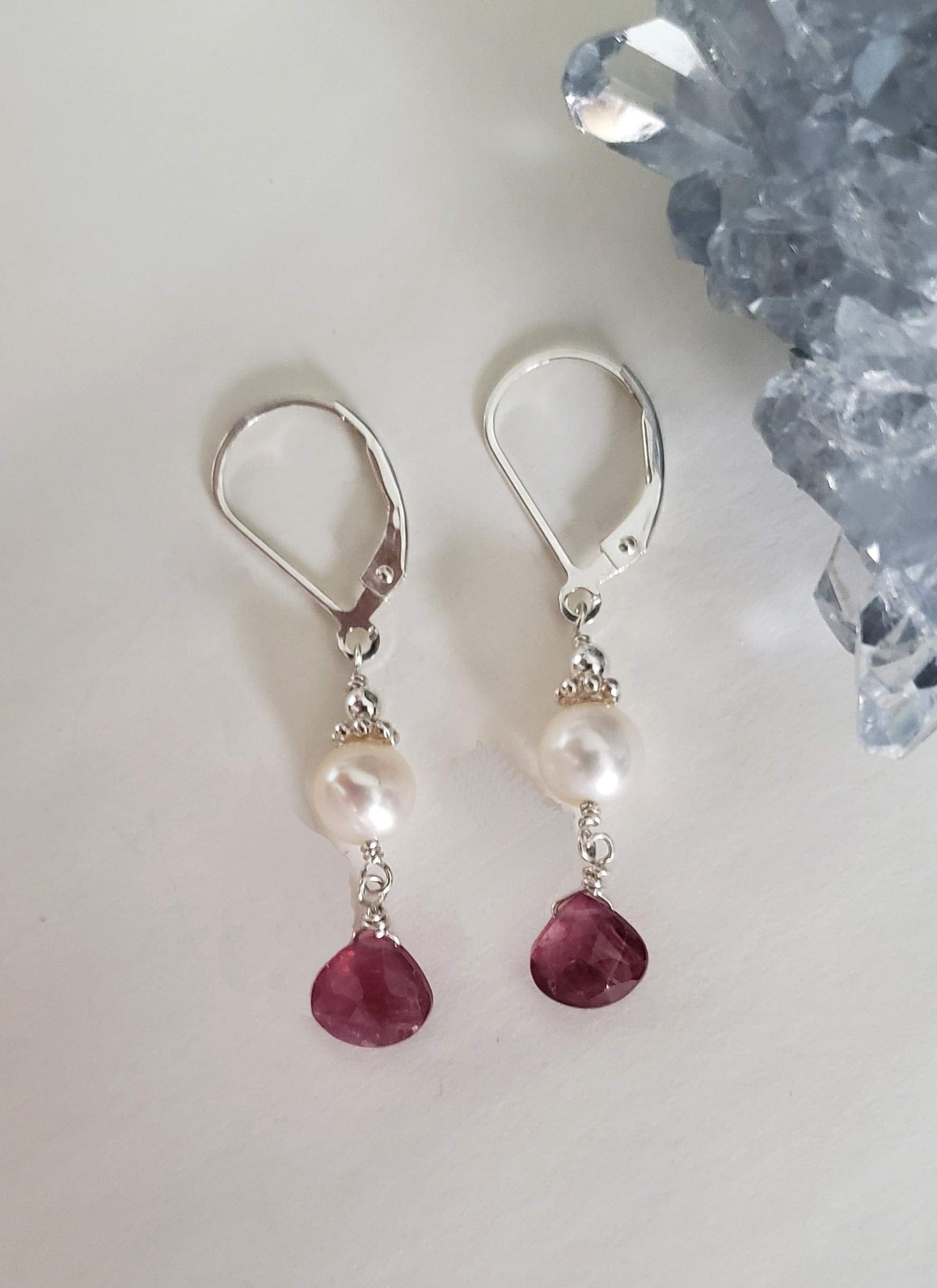 1160 Jewelry Genuine Pink Tourmaline Briolette Sterling Silver Lever-Back Earrings with 2 Cultured Freshwater Pearls, 5.5-6.0mm