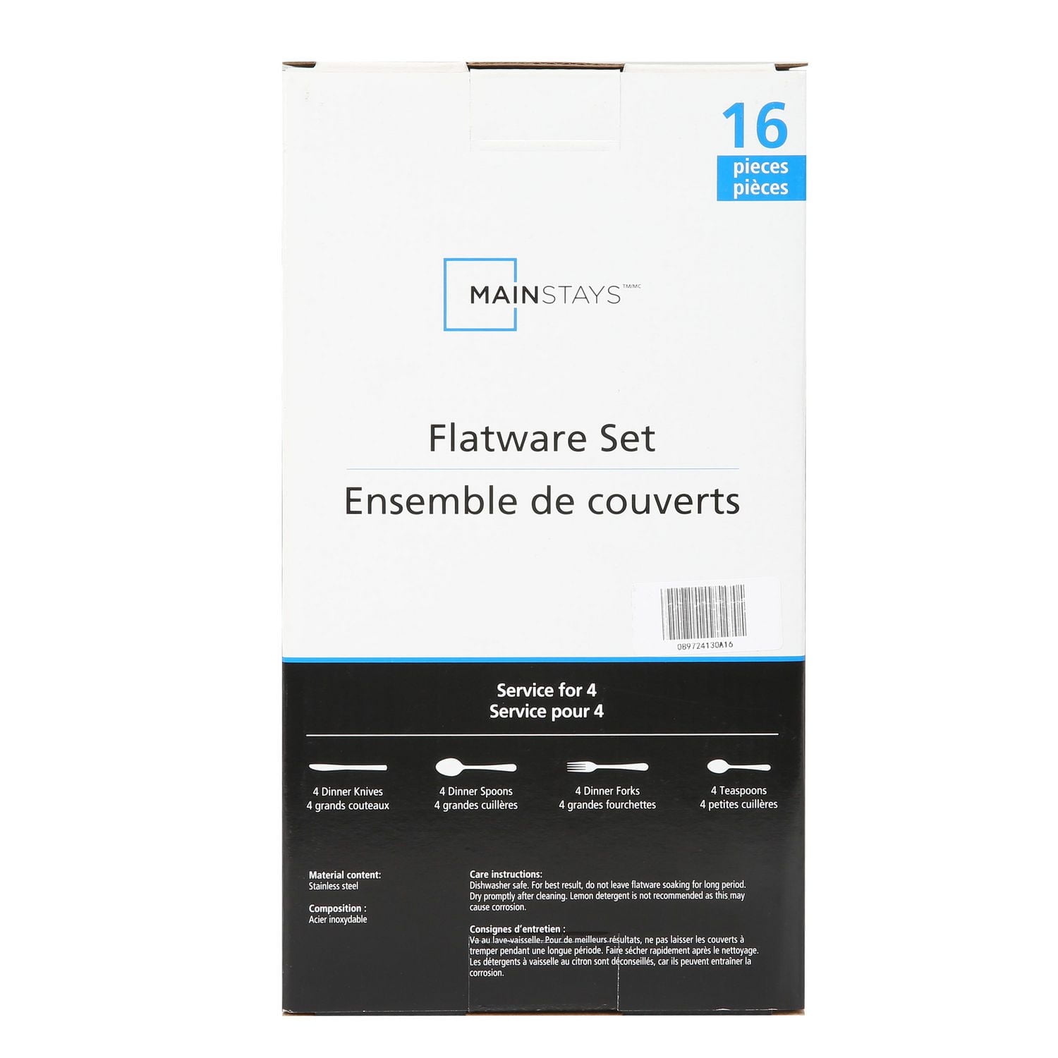 Ensemble de couverts en acier inoxydable 16 pièces Mainstays Layton, argent