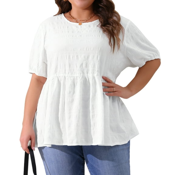 DARING DIVA Women's Plus Babydoll Crew Neck Flowy Blouse 1X White