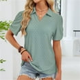 thumbnail image 2 of FRSASU T Shirts for Women Dressy Casual Short Sleeve Lapel Collar Blouse Solid Color Lightweight Pullover Tops Green, 2 of 8