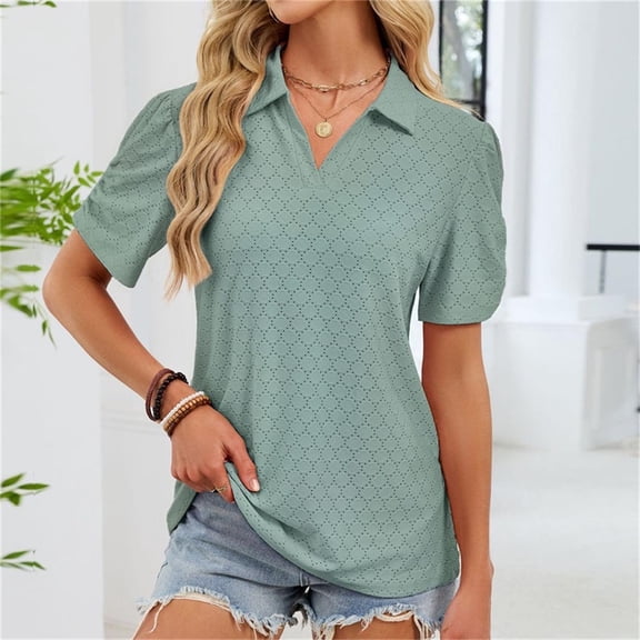 Aobny Eyelet Womens Plus Size Blouses Polo Tops Short Sleeve Green Pullover Collared Christmas Shirts for Women,L