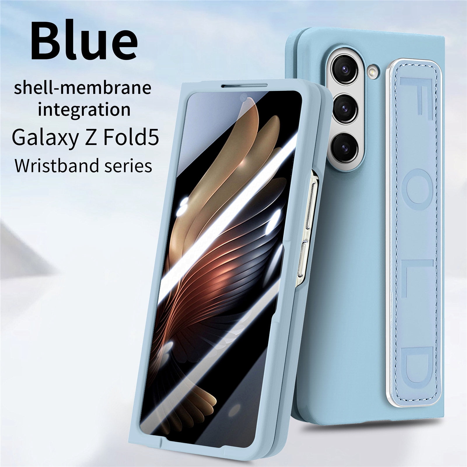 for Samsung Galaxy Z Fold 5 Case with Strap, [Non Slip Silicone Touch] Slim Protective Phone Case with Elastic Finger Wristband, Shockproof PC Cover for Samsung Galaxy Z Fold 5 2023 - Light Blue