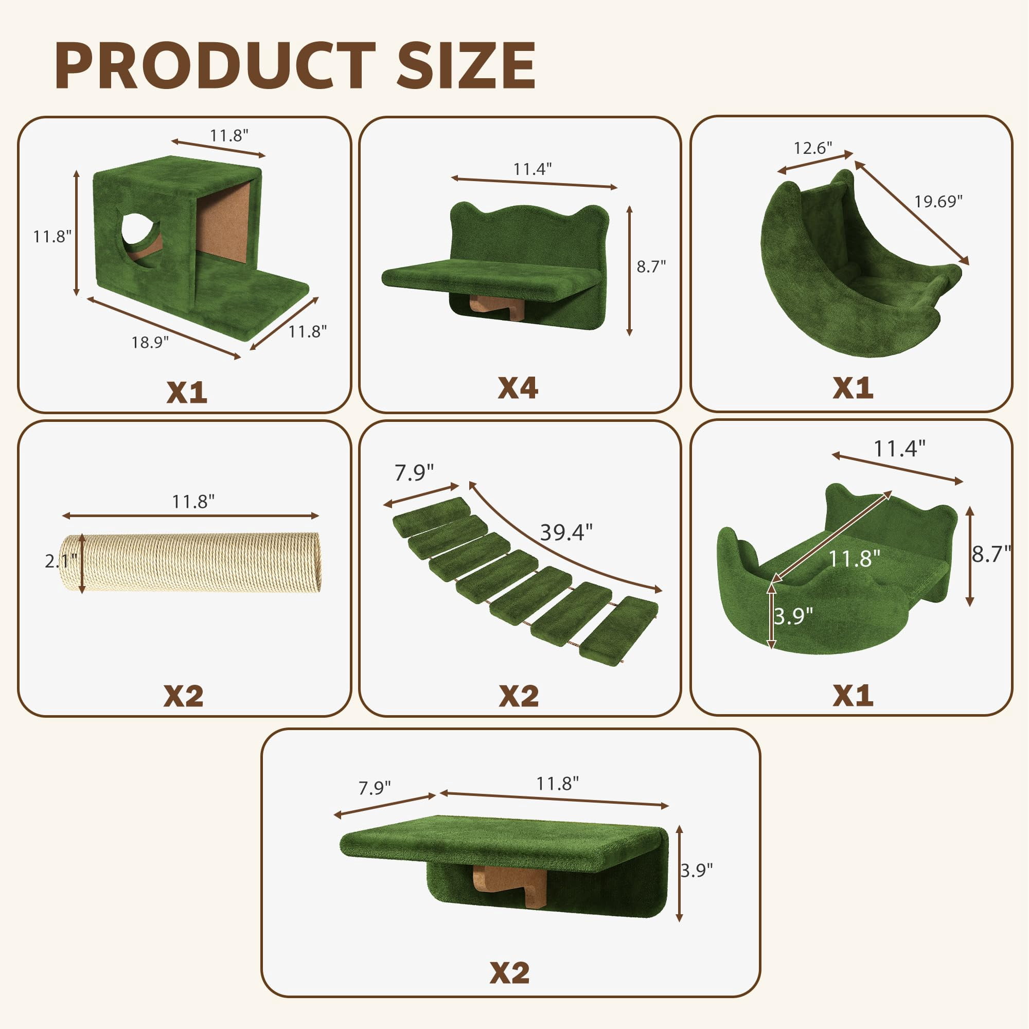 13-in-1 Cat Wall Shelves  Mounted Cats Furniture Set With Plush Fabric Climbing Systems Shelf Moon Hammock Condo House Step Bridge Ladder Green