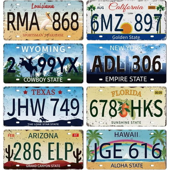 8Pcs Vintage License Plate Metal Iron Sign Plaque Poster Retro Metal Wall Decorative Tin Signs 11.8ﾗ5.9inch for Home Bar Coffee Shop Club Room Decoration Mixed Color