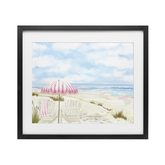 Seascape with Pink Umbrella Black Framed Print Under Glass, design by Lori Mosley