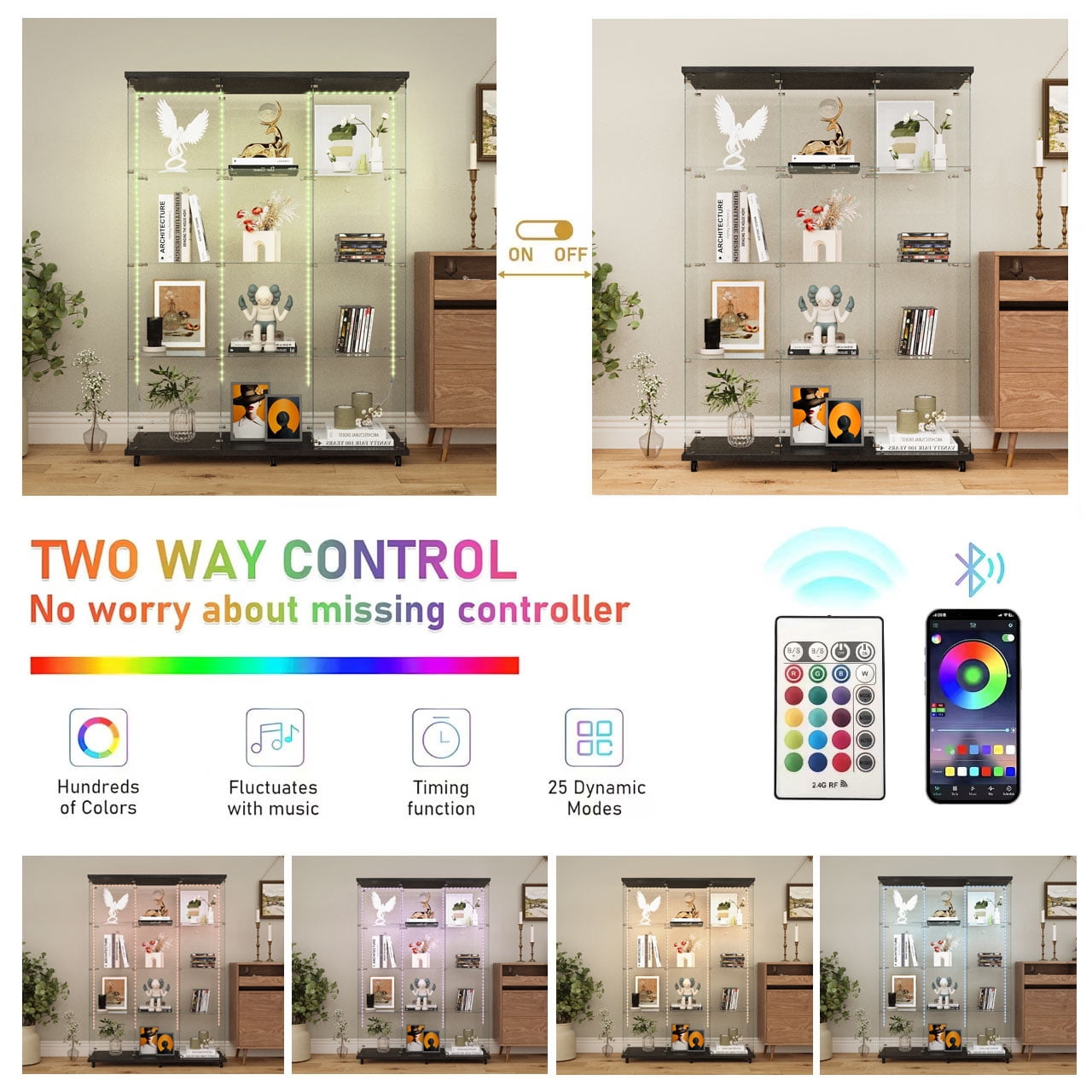 MAYEERTY 4 Tiers Glass Display Cabinet with Bluetooth LED Light Strip, Curio Storage Cabinet with 3 Door Wheels and Lock, Wood Top, Black