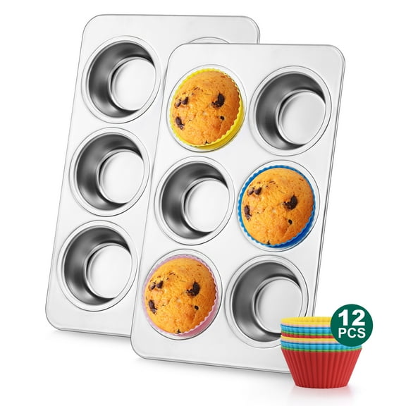Coliware 6-Cup Muffin Pan Set of 2, Stainless Steel Cupcake Tins with 12 Cupcake Liners, Regular Size Nonstick Cake Tray Set, Easy-Release Baking Cookware for Oven, Dishwasher Safe