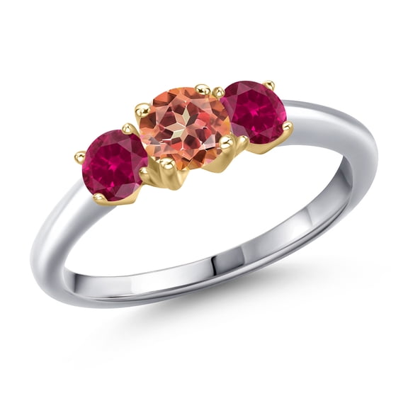 Gem Stone King 925 Silver and 10K Yellow Gold Ecstasy Mystic Topaz and Red Created Ruby Engagement Ring for Women | 1.50 Cttw | Round 5MM | Gemstone November Birthstone | Size 5