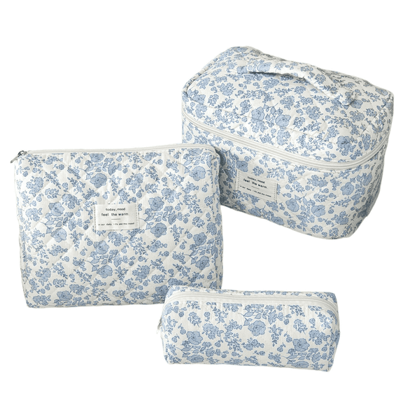 3Pcs Quilted Cotton Makeup Bag Set for Women, Large Floral Aesthetic Cosmetic Bags, Travel Toiletry Bag Organizer for Purse