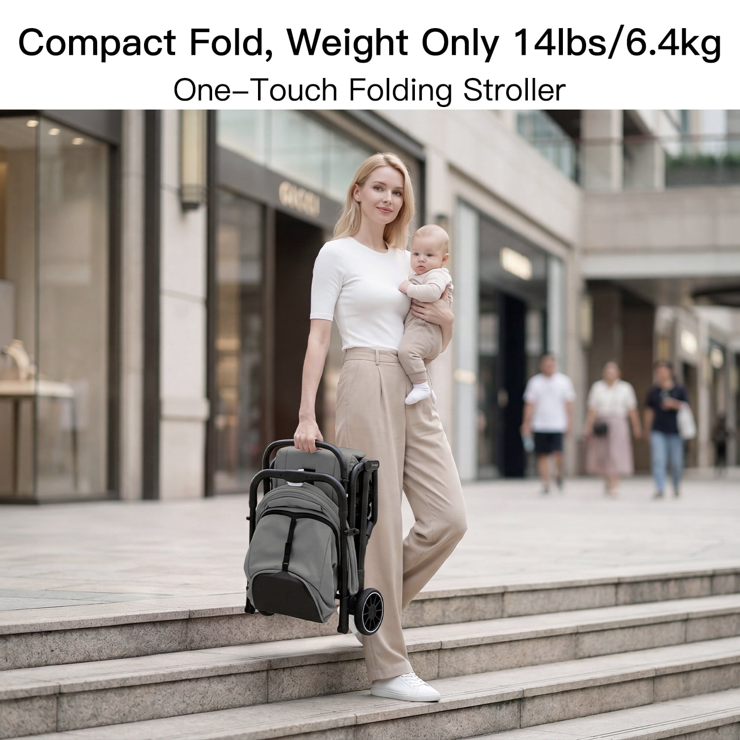 Gromast Compact Fold Baby Stroller, Lightweight Travel Toddler Stroller with One-Click Fold, Extendable UPF50+ Canopy, Cup Holder, UV Protected and Waterproof, One-Hand Folding - Gray