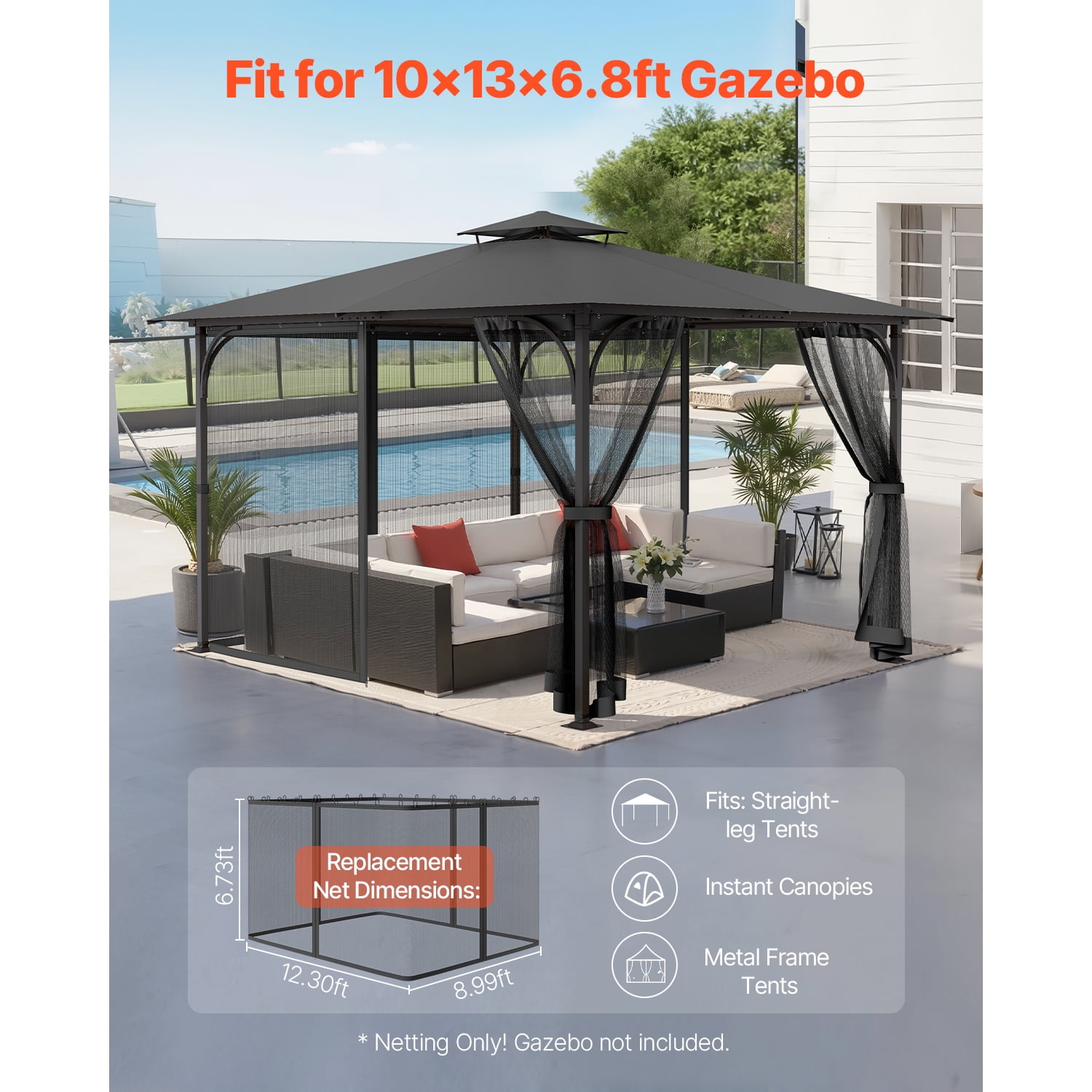 KFFKFF Gazebo Netting Replacement, Compatible with 10 x 13 x 6.8 FT Gazebo, Outdoor Mesh Sidewalls for Garden, 4-Panel Patio Screen with Double Zipper Closure