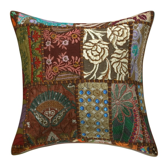 Stylo Culture Indian Cotton Living Room Throw Pillow Sham Cover Dark Brown 18x18 Bohemian Vintage Patchwork Indian Couch Cushion Cover 45 x 45 cm Decorative Abstract Square Pillowcase | 1 Pc