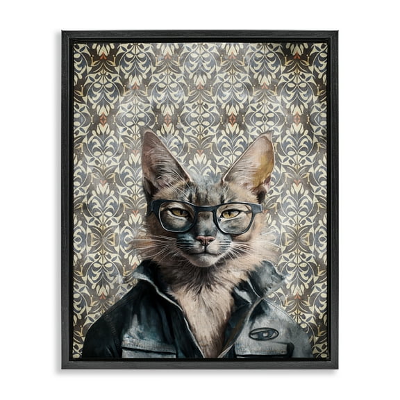 Stupell Industries Wild Cat on Damask Animals Painting Black Floater Framed Canvas Art Print Wall Art, 17 x 21