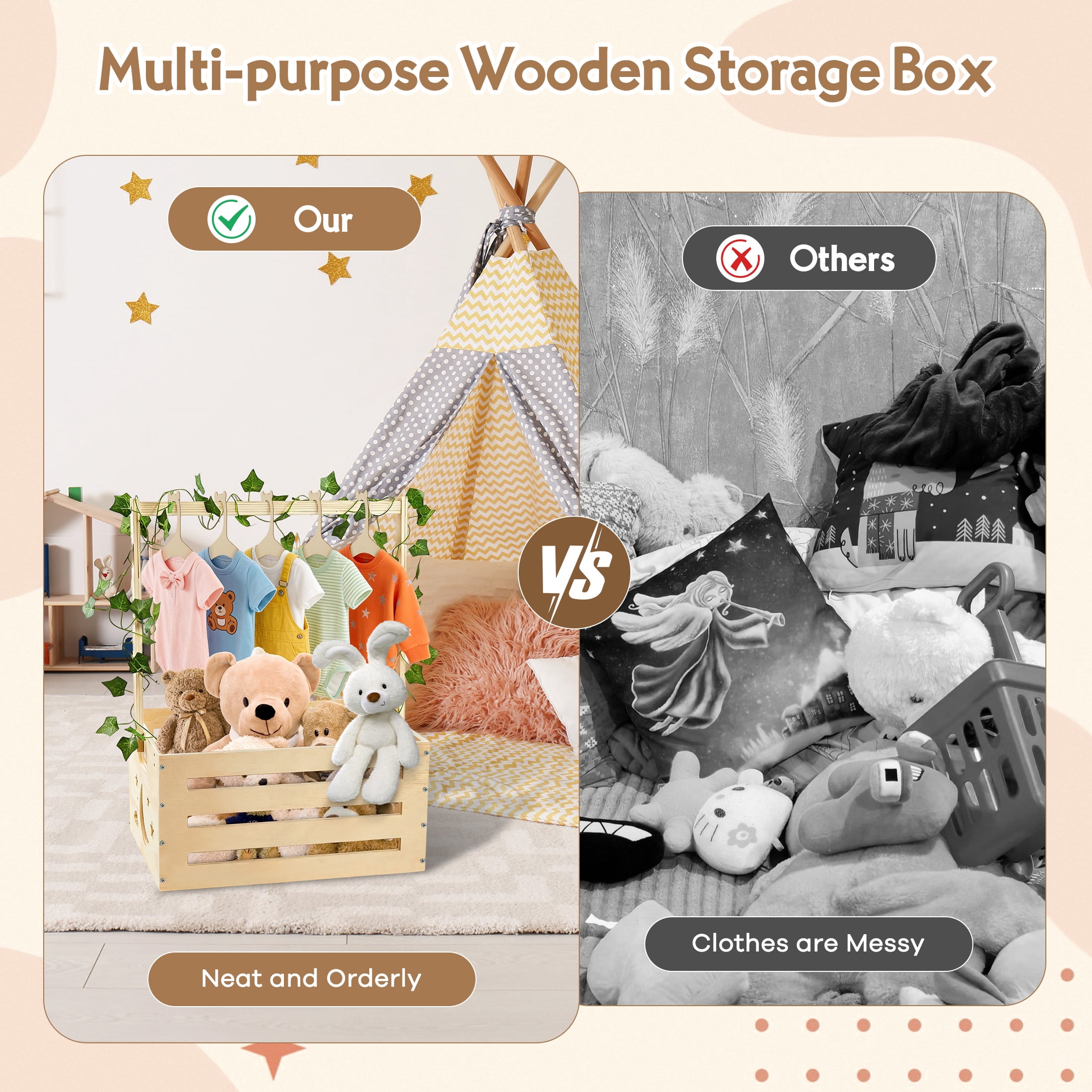 Onekawa Baby Shower Crate Closet with Handle, Basket with Hanger and Garland, Personalized Wooden Baby Box with Handle, Storage Basket for Newborn Essentials,Pregnancy Gift for New Parents