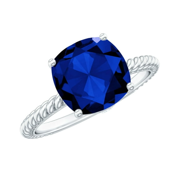 Rosec Jewels Lab Grown Blue Sapphire Engagement Ring (8 mm Cushion Cut, AAAA Grade) - Blue Sapphire Diamond Ring for Women, 925 Sterling Silver, US 4.00