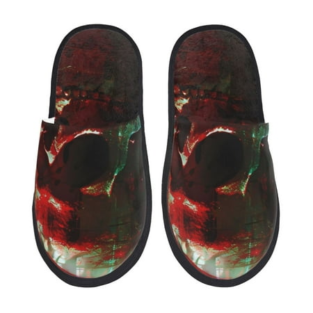 Balery Red Dark Skull Abstract Slient Indoor Furry Fleece Comfort House Shoes Soft Non-Slip Home Shoes Cotton slippers House Slippers-- Medium