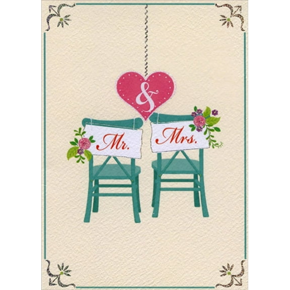 Designer Greetings Mr. and Mrs. Signs on Blue Chairs Wedding Congratulations Card