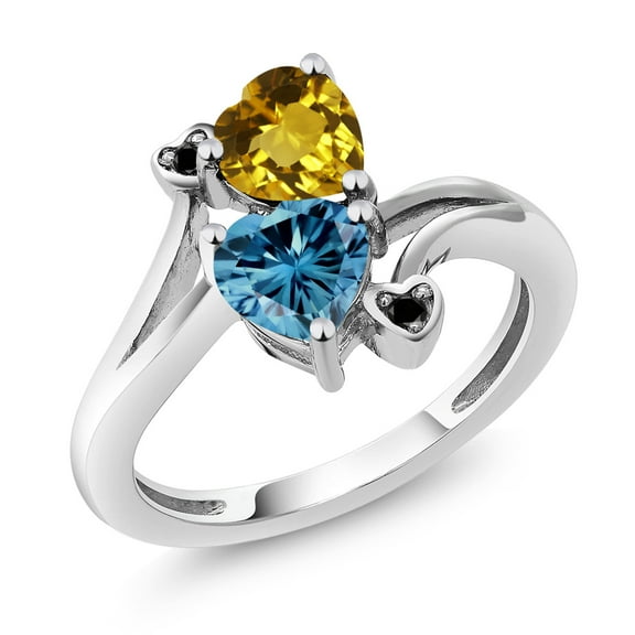 Gem Stone King 10K White Gold Diamond Accent Ring Heart Shape Yellow Citrine and Vivid Persian Blue Moissanite (1.48 Cttw, Size 5)