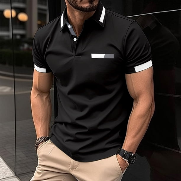 pstuiky camisetas de manga corta para hombre, Camisa tipo jersey para hombre, de color liso, con cremallera, manga corta y cuello vuelto ropa de hombre l