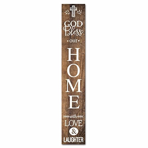 Retro Primitive Decor Bless This Home Vertical Sign,Vertical Wooden Welcome Sign, Bless Our Home with Love & Laughter Sign for Front Farmhouse Porch Yard Wall Decor Wood Sign 6x16 Inch
