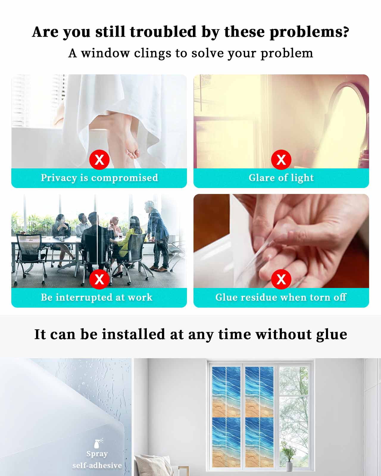 Window Privacy Film, Blue Ocean Ombre UV Sun Blocking Window Tint Film Heat Control One Way Blackout Window Film, Spring Summer Coastal Sea Wave Non Adhesive Static Cling Window Sticker 23.6x78.7 In