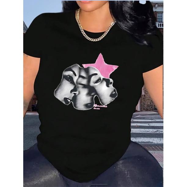 Playera Deportiva Manga Corta Mujer Dry-Fit1pc Women'S Fashion Crew Neck T-Shirt with Pink Star and Alphabet Print, Casual Polyester Knit Fabric, Medium Stretch, All-Season Comfort FitFather's Day,