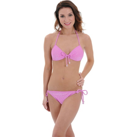 Bikini Lab Juniors Pink String Swimsuit 2 Piece Halter Set Sequins Beaded