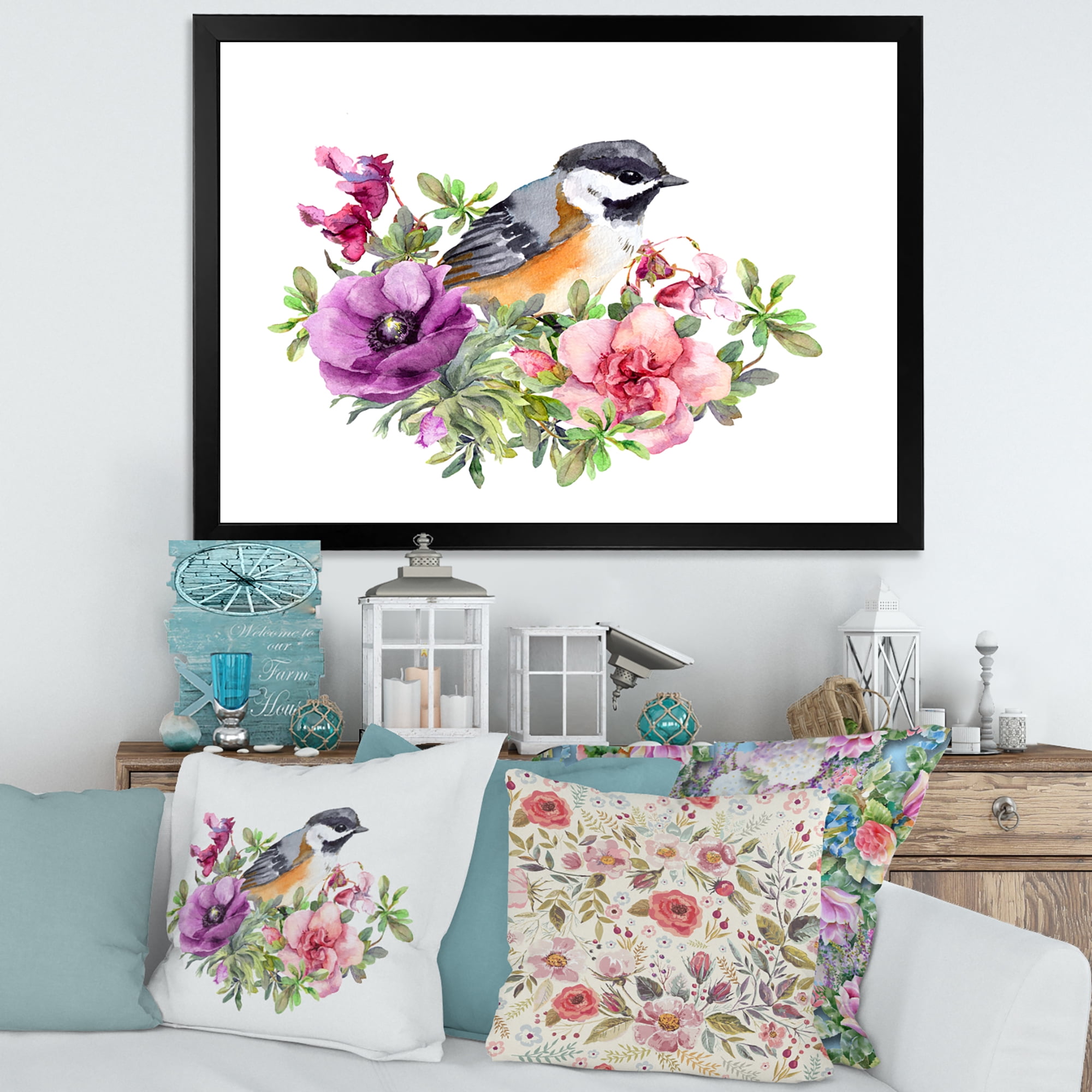 Designart 'Cute Bird In Purple and Pink Flowers' Traditional Framed Art Print