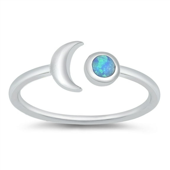 Round Blue Simulated Opal Crescent Moon Ring Sterling Silver Size 7