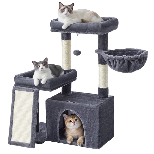 Feandrea Cat Tree, Cat Tower Condo with Scratching Posts and Ramp, 2 Large Perches, Cave, Basket, 33.8 Inches Tall, Dark Grey