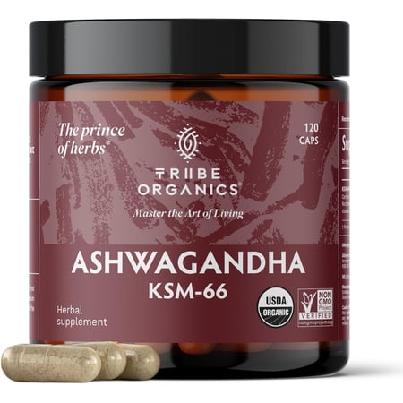 Tribe Organics 600mg KSM-66 Ashwagandha Herbal Supplement to Support Energy  Strength 120 Capsules
