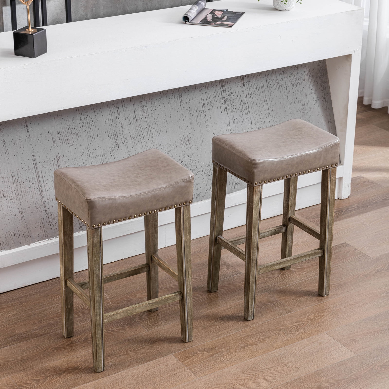 Hommoo Saddle Stool Set of 2, 29 Inch Bar Stools with Faux Leather, PU Leather Backless Bar Height Stools, Gray