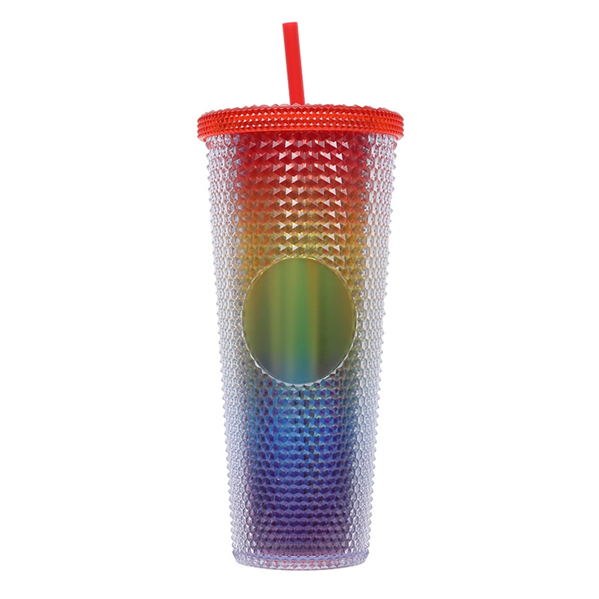 IMMEKEY Studded Tumbler with Straw, Double Walled Iridescent Travel