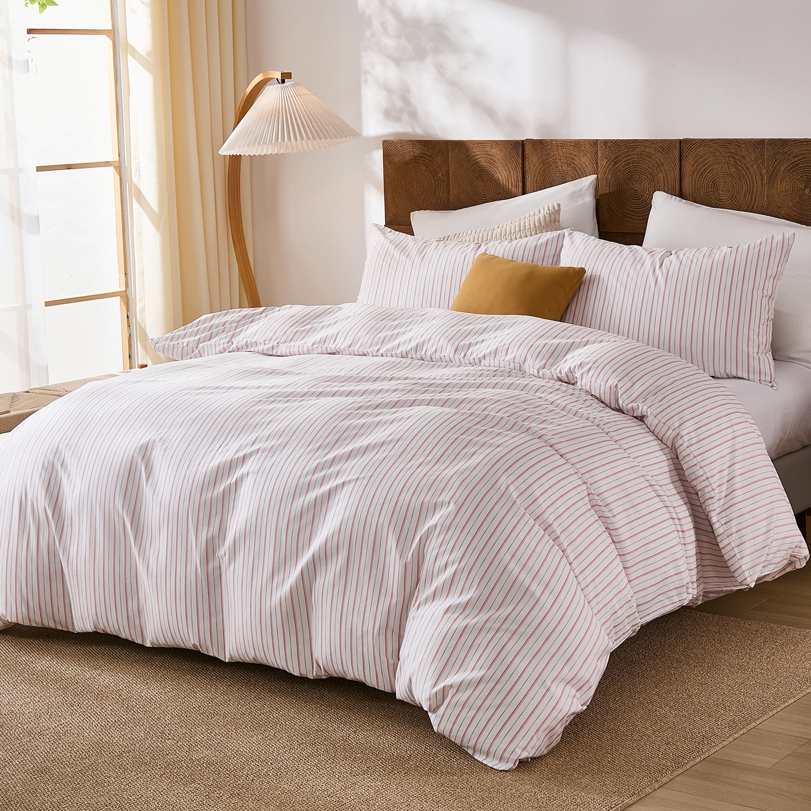 100% Cotton Stripe Duvet Cover Set Queen Size - Gray Striped Duvet Cover Set with Zipper Closure & 8 Corner Ties, Modern Minimalist Wide Stripe Bedding Set for Cozy Elegant Bedroom