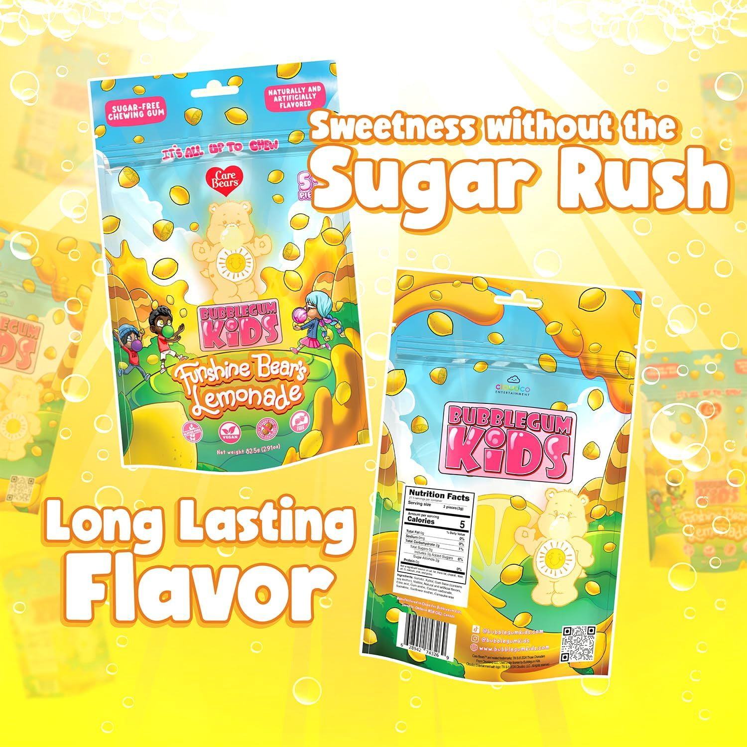 Bubblegum Kids Funshine Bears Sugar Free Gum with Xylitol, Low Calorie Chewing Gum, Lemonade Flavor, 10-Pack (55 Count/Pack)