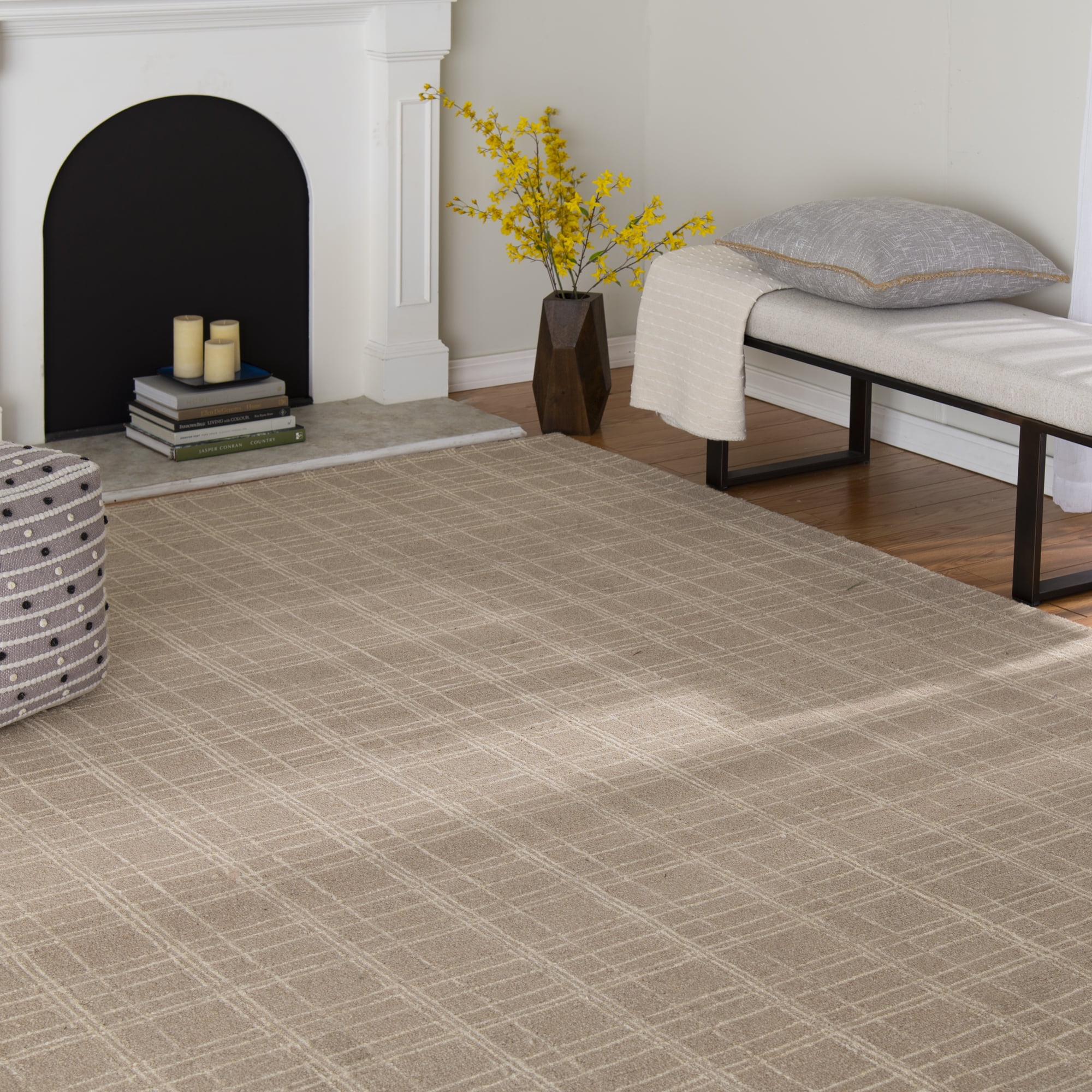 Better Homes & Gardens Beige Plaid Wool Indoor Area Rug, 7'10"x9'10"