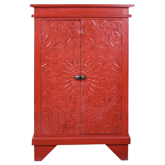 Cottage Solid Wood Carved Accent Cabinet in Distressed Antique Red