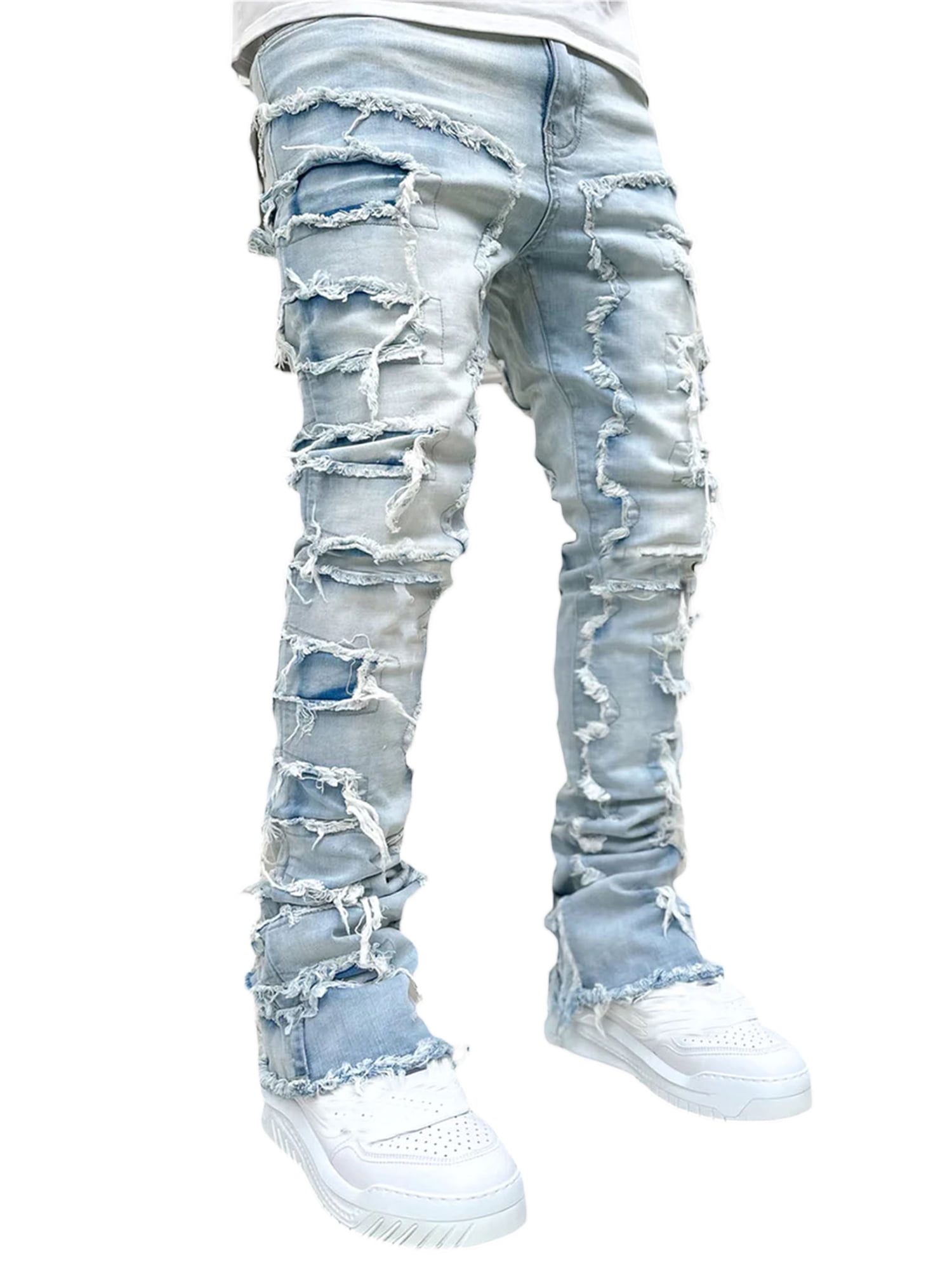 Sunisery Men\'s Regular Fit Stacked Jeans Patch Distressed Denim Pants  Streetwear,Light Blue